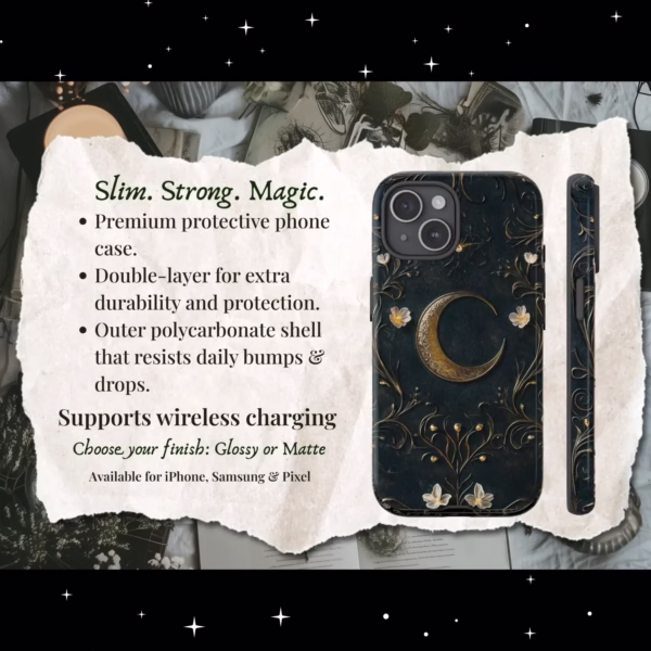 Feature graphic showing the phone case with side and back views, highlighting durability, wireless charging, and available finishes.